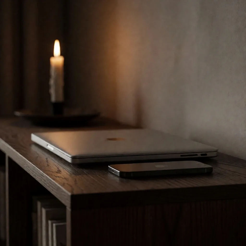 Ausgeschaltetes Smartphone und Laptop auf einem Regal