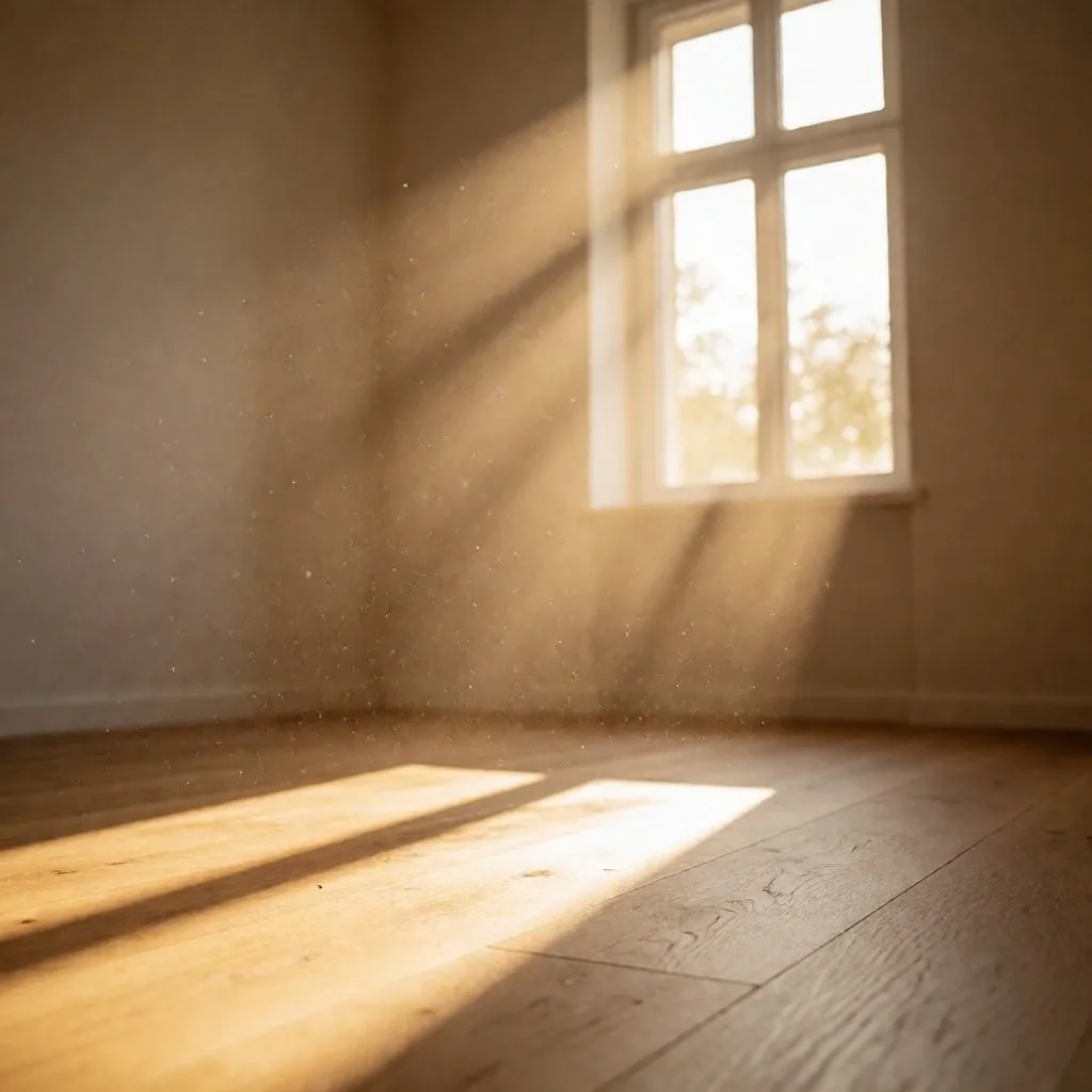 Morgendliches Sonnenlicht fällt durch hohe Fenster
