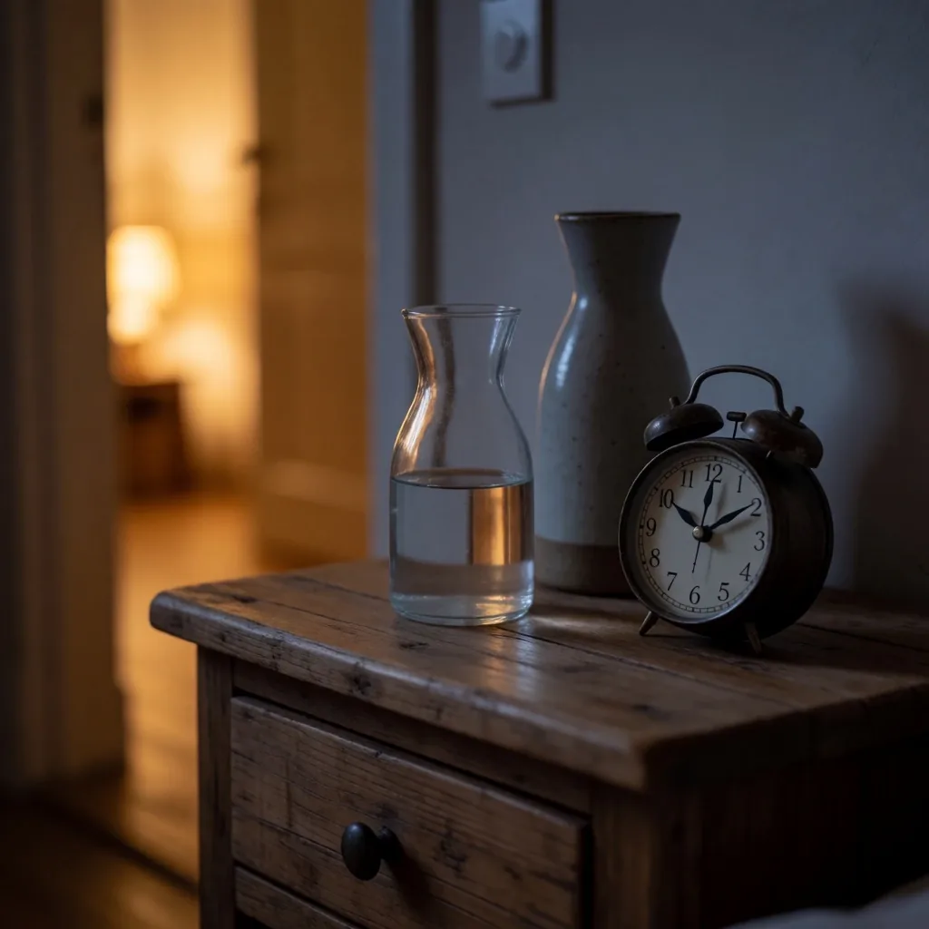 Nachttisch mit analoger Uhr und Wasserglas bei Nacht
