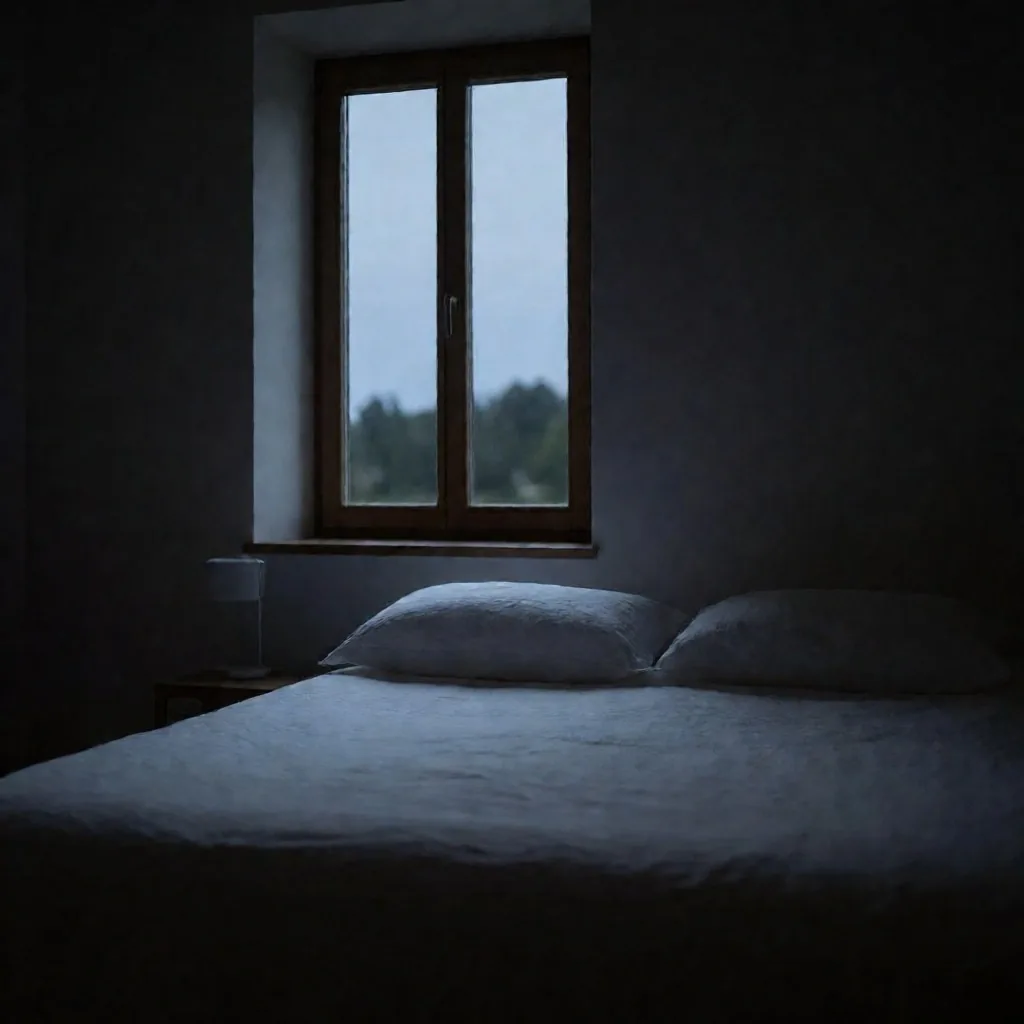 Schlafzimmer bei Dämmerung mit ordentlich bezogenem Bett und klarem Fenster