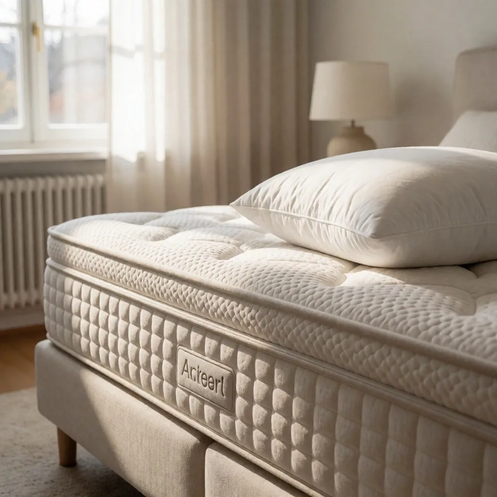 Weiße Matratze und Kissen in minimalistischem Schlafzimmer