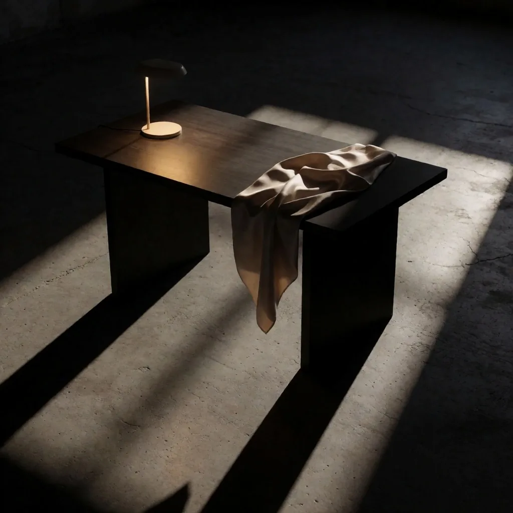 Atelier-Schreibtisch im warmen Dämmerlicht