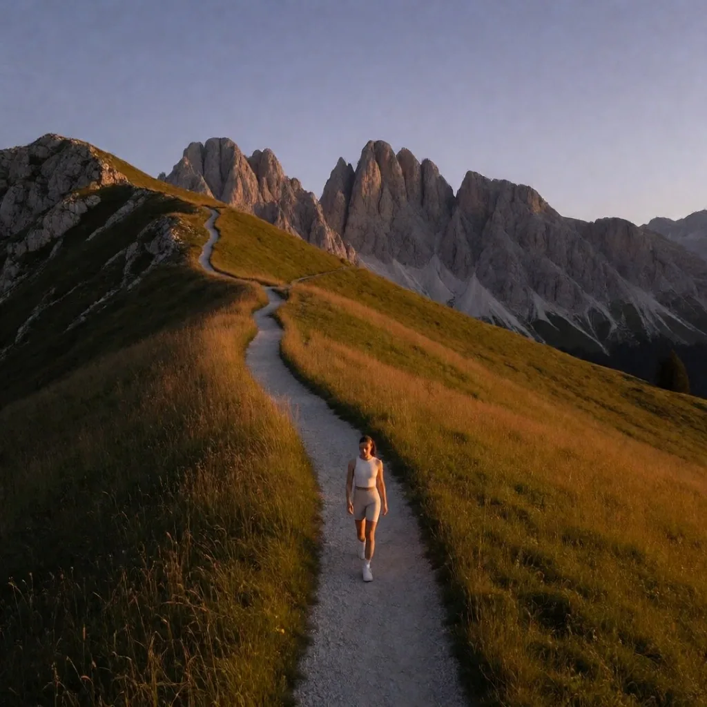 Person walking on an alpine path at dusk