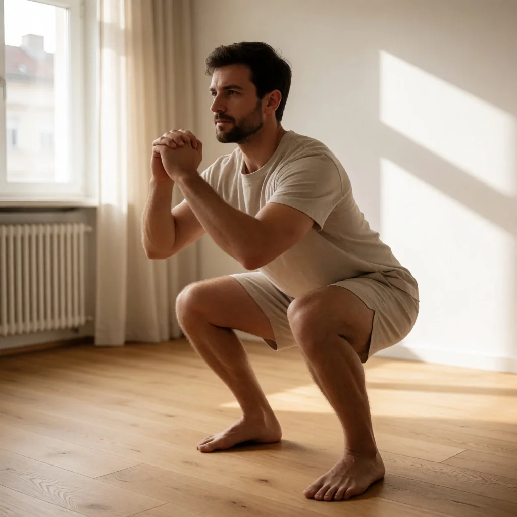 Person macht Kniebeugen im Wohnzimmer