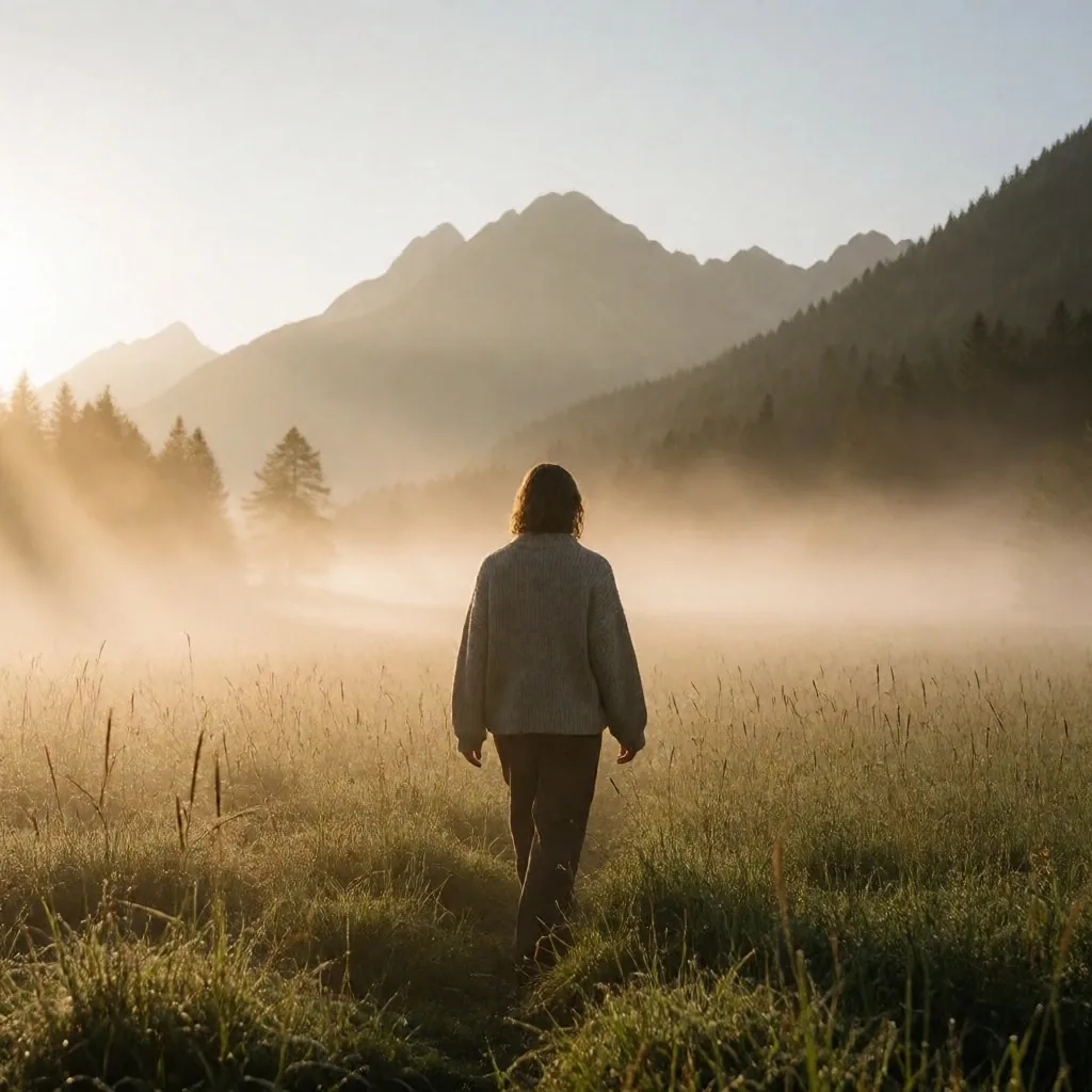 Morgendlicher Spaziergang durch eine alpine Wiese bei Sonnenaufgang