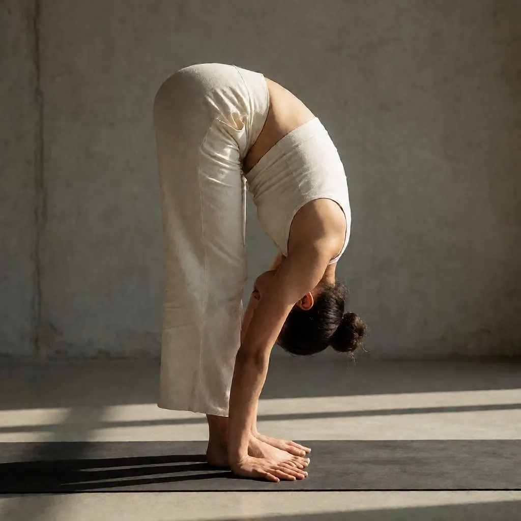 Person übt eine stehende Yoga-Vorbeuge auf einer Matte