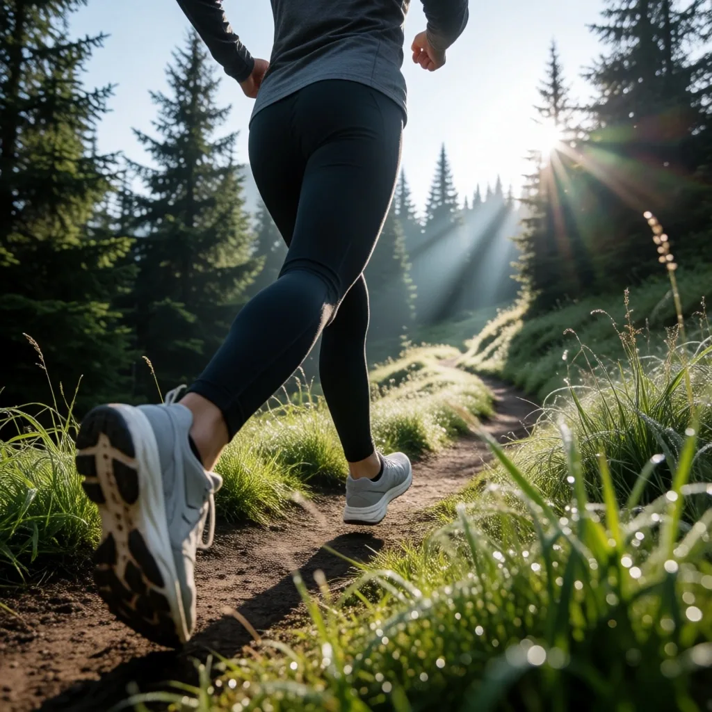 Person joggt auf einem Waldweg in den Voralpen bei Morgendämmerung