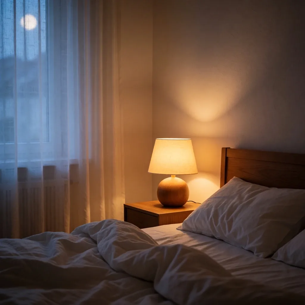 Schlafzimmer im gedimmten blauen Dämmerungslicht