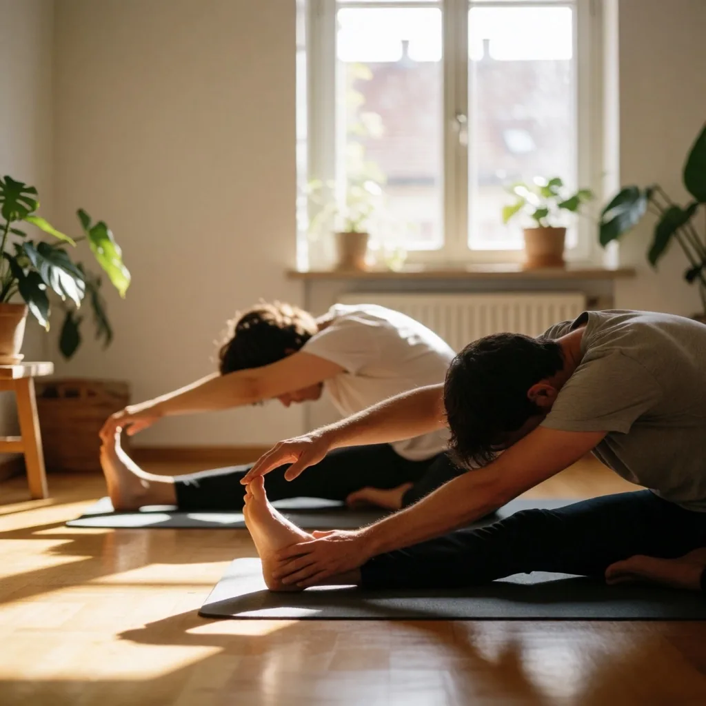 Zwei Personen beim Yoga in einem hellen Wohnzimmer