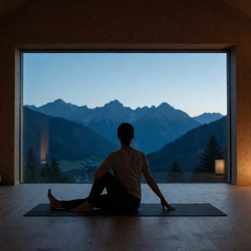 Yoga-Praxis in einem alpinen Studio bei Dämmerung