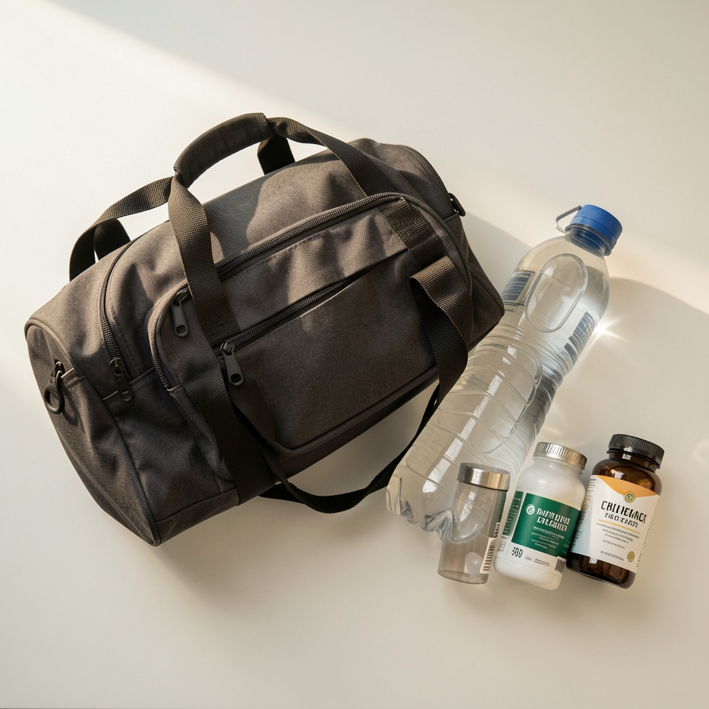 Gym bag and water bottle on a clean surface, morning routine editorial flat lay with supplement bottles nearby