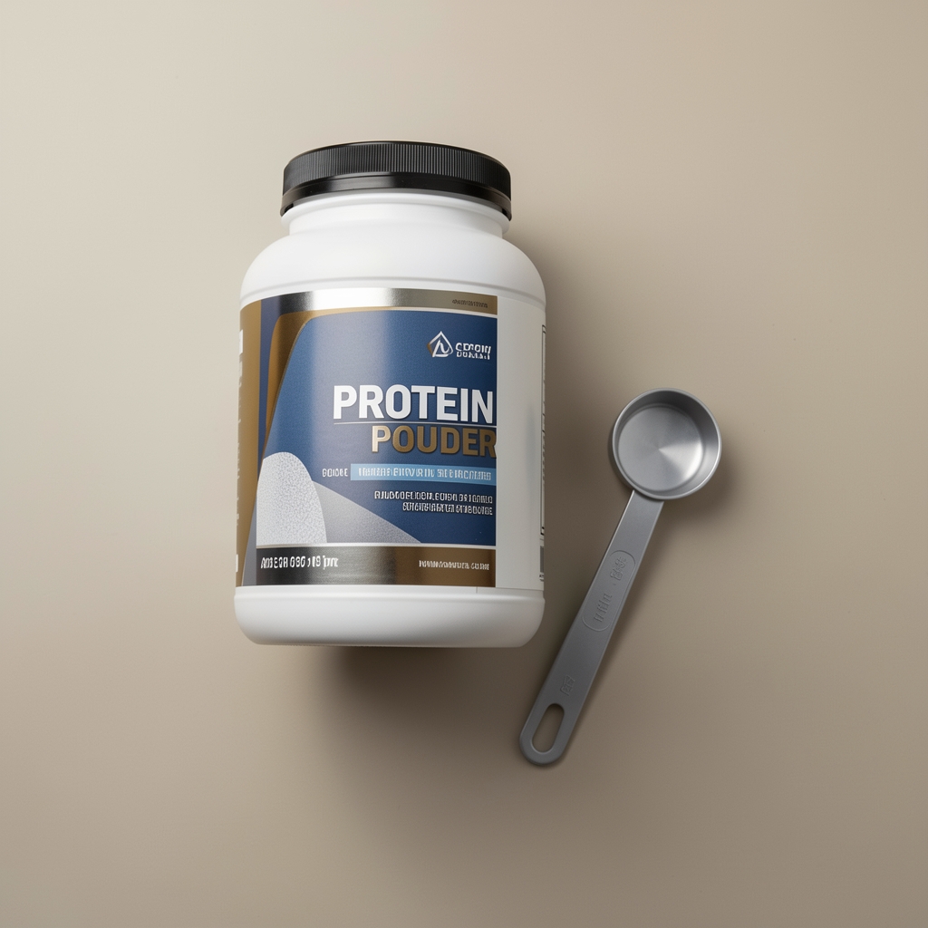 Protein powder container and measuring scoop on a neutral background, editorial overhead flat lay photograph