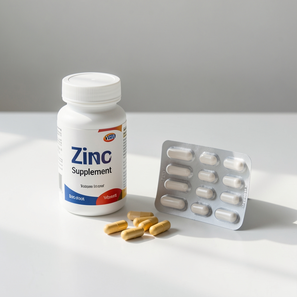Zinc supplement bottle and B vitamin capsule pack arranged on a clean white surface with natural light, editorial still life